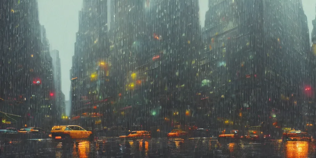 Image similar to a ultra photorealistic film still trough a raincovered window on a rainy but colourful day in new york. sparkling lights, wide shot, frog perspective, ultra sharp, wes anderson, studio ghibli, pixar and disney animation, octane render, anime key art by greg rutkowski, bloom, dramatic lighting