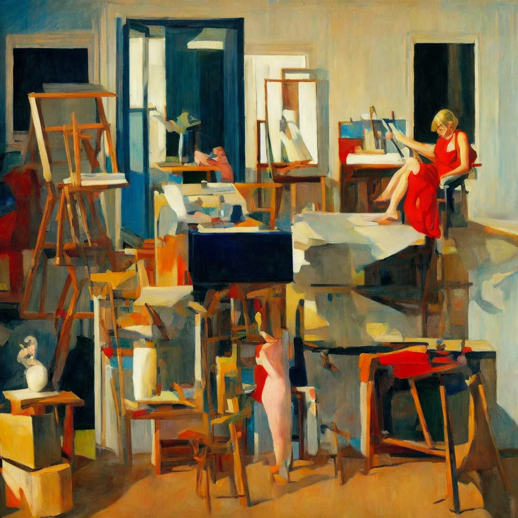 Image similar to painting of an artist, creating in her studio alone, in a huge eccentric studio filled with lots of incredible art, in the style of edward hopper