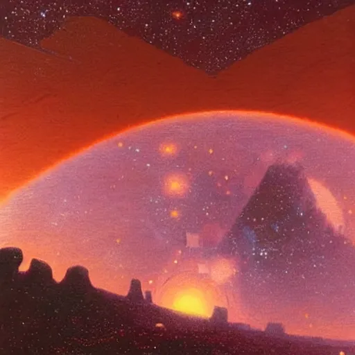 Prompt: a village hanging off a cliff on mars, earth in the background, starry nebula, by paul lehr,