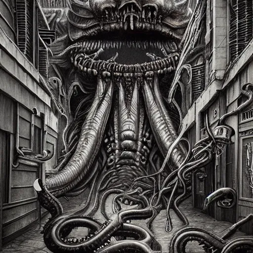 Prompt: A Lovecraftian eldritch horror rampaging through a small seaside town by H.R. Giger, trending on artstation, highly detailed, high quality