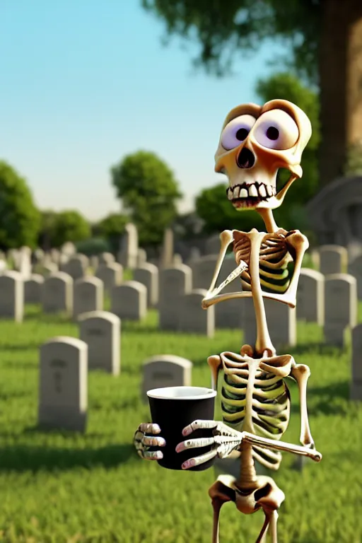 Image similar to a funny skeleton character holding a cup of coffee on a cemetery. pixar disney 4 k 3 d render funny animation movie oscar winning trending on artstation and behance. ratatouille style.