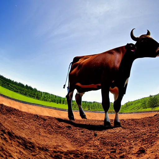 Image similar to a cow standing on a motocross track, fisheye lens