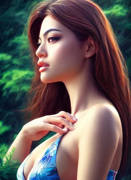 Image similar to photo of a gorgeous female in the style of stefan kostic, realistic, half body shot, sharp focus, 8 k high definition, insanely detailed, intricate, elegant, art by stanley lau and artgerm, extreme bokeh foliage