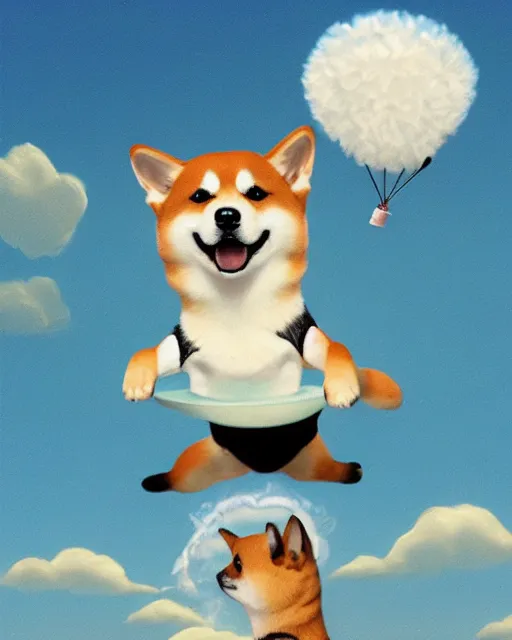 Image similar to shiba inu flies up with a frisbee ， painting photoshop by mark ryden and pixar and hayao miyazaki, 8 k