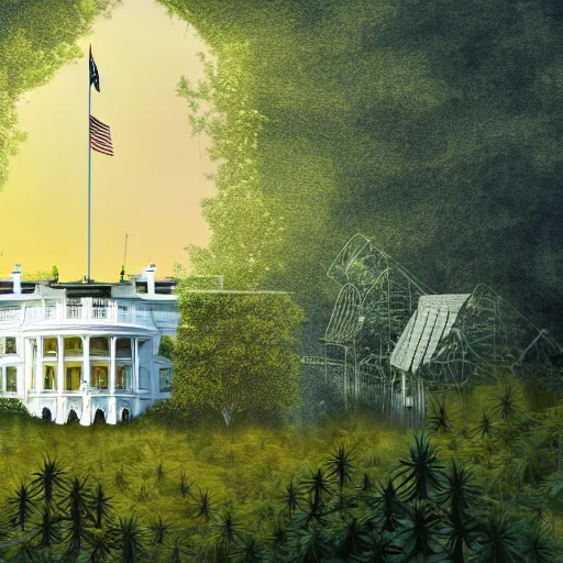 Image similar to a architectural portrait of the white house surrounded in wild blooming cannabis, and hippies crawling from the brush, cg art, fine art, highly detailed, digital painting, cgi, volumetric lighting, sunny atmosphere