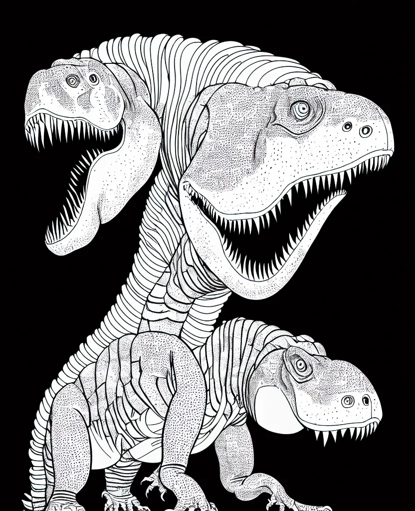 Image similar to tyrannosaurus rex walking around, symmetrical, accurate, simple clean black lines, black and white, white background and fill, coloring book, comic book, graphic art, line art, vector art, artstation