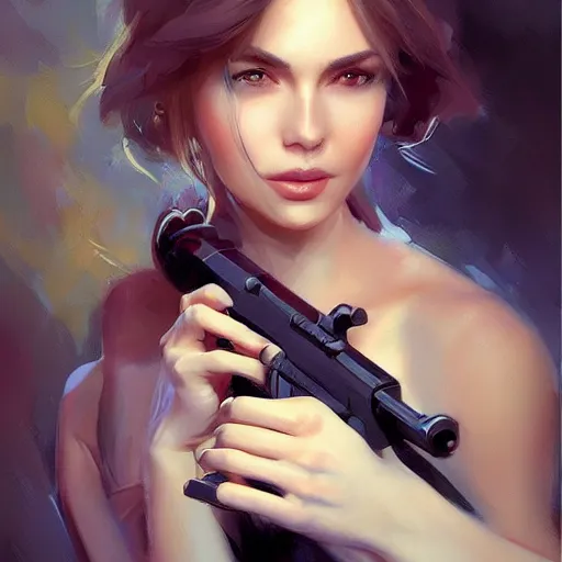 Prompt: beautiful woman with a gun, artstation, wlop, Volegov, highly detailed