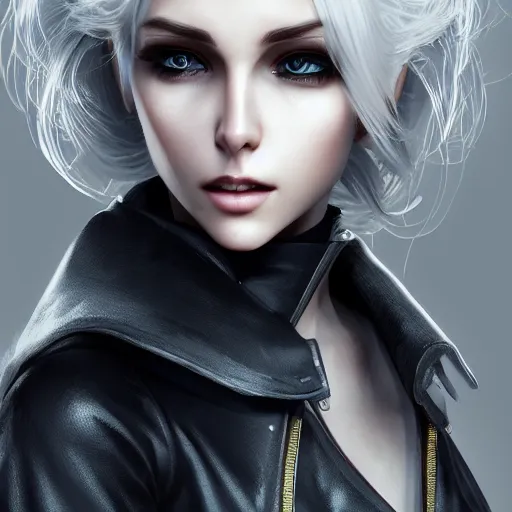 Image similar to highly detailed portrait of beautiful white haired android female, wearing a black jacket, very beautiful face, very detailed eyes, intricate, cgsociety, cinematic studio lighting