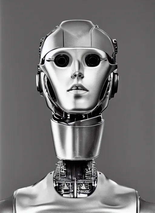 Image similar to a portrait photograph of a robot head designed by Balenciaga, 35mm, pentax, studio