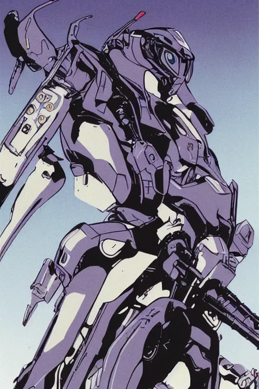 Image similar to boomer from bubblegum crisis at dusk, a color illustration by by tsutomu nihei and tetsuo hara