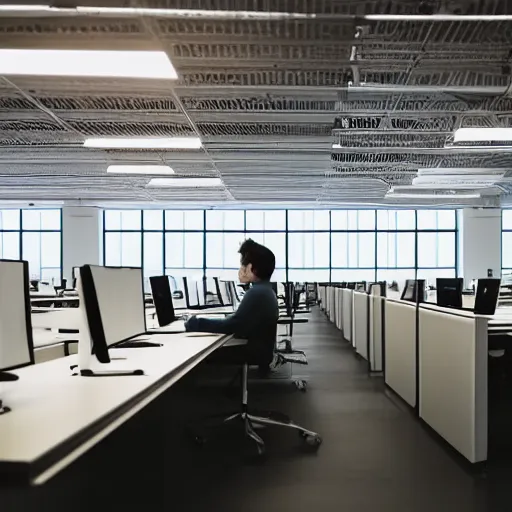 Image similar to a lone person working in a huge room full of cubicles, the only light is coming from his desk