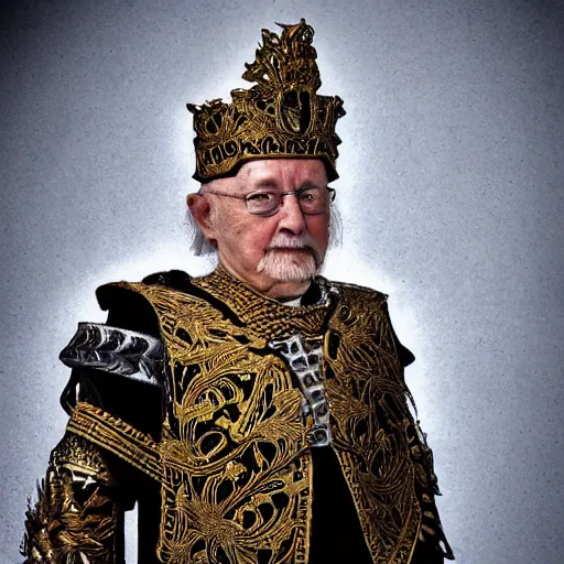 Prompt: a high resolution 35mm realistic photograph of an old man wearing a suit of ornate ceremonial armor. The armor is detailed and regal with a large hemp leaf pattern on the chest plate. Dynamic composition with natural lighting in a battlefield setting