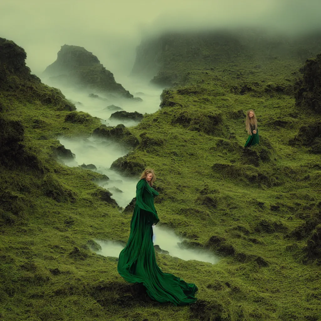 Image similar to dark and moody 1 9 7 0's artistic spaghetti western film in color, a woman in a giant billowing wide long flowing waving green dress, standing inside a green mossy irish rocky scenic landscape, crashing waves and sea foam, volumetric lighting, backlit, moody, atmospheric, fog, extremely windy, soft focus