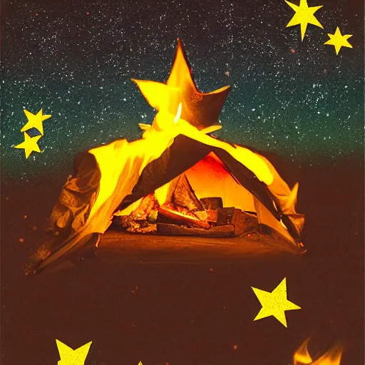 Image similar to a comfy crackling outdoor campfire in front of a very dark background of yellow illustrated stars, astrophotography, warm muted colors, cut paper collage with photograph and illustration