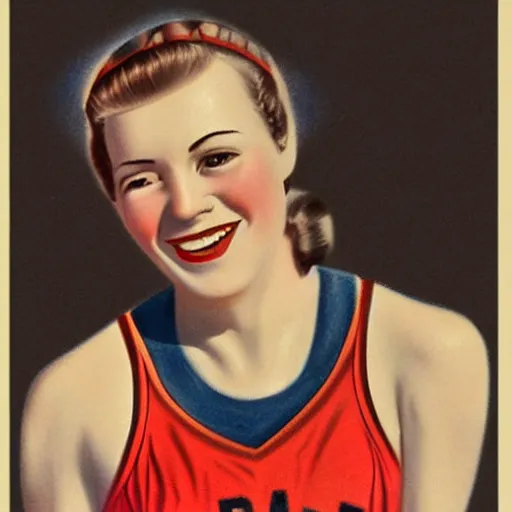 Image similar to a 1 9 3 0 s portrait. happy, healthy, beautiful, smiling, young, sporty, glowing woman in decent athletic wear. hyper - realistic detailed color drawing