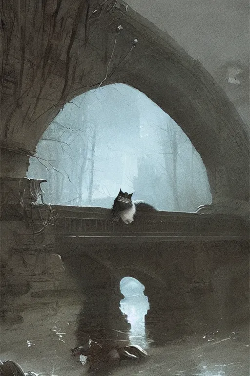 Image similar to Cat Under the bridge, horror, illustrated by Greg Rutkowski and Caspar David Friedrich., Trending on artstation, artstationHD, artstationHQ, 4k, 8k