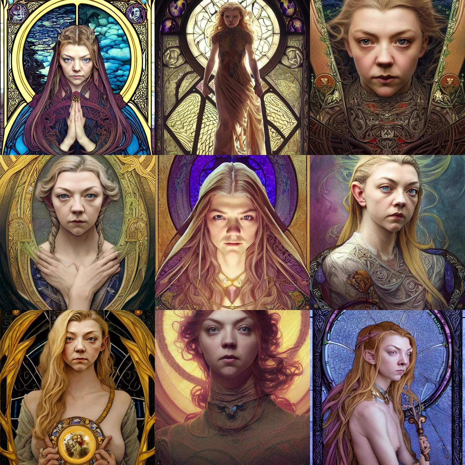 Prompt: masterpiece head-on symmetrical centered portrait, Natalie Dormer as a paladin, blonde hair, art nouveau, gothic stained glass style, tarot card style, elegant, distant, in the style of Edgar Maxence and Ross Tran and Zdzisław Beksiński and Michael Whelan and Mucha and Gustave Doré, specular highlights, 8k, octane render