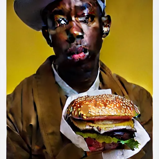 Prompt: portrait of tyler the creator eating hamburgers, extra onions and ketchup, luscious patty with sesame seeds, feminine ethereal, handsome, d & d, fantasy, intricate, elegant, highly detailed, digital painting, artstation, concept art, matte, sharp focus, illustration, art by artgerm and greg rutkowski and alphonse mucha