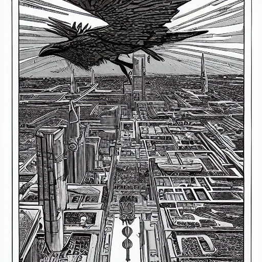 Prompt: a levitating raven city, sci - fi by moebius