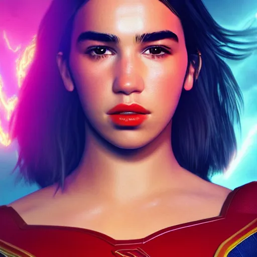 Image similar to a potrait of dua lipa potrayed as Supergirl by Zack Snyder, Christopher Nolan, 8k photorealistic, cinematic lighting, HD, high details, dramatic, trending on artstation, above view, dark atmosphere,