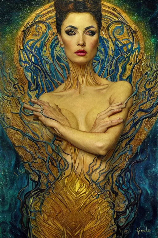 Image similar to Intermittent Chance of Chaos Muse by Karol Bak, Jean Deville, Gustav Klimt, and Vincent Van Gogh, beautiful inspiring portrait, enigma, Loki's Pet Project, destiny, Poe's Angel, fate, Surreality, inspiration, muse, otherworldly, fractal structures, arcane, ornate gilded medieval icon, third eye, spirals