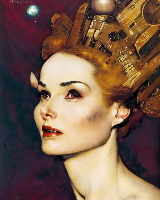 Prompt: head portrait of elegant striking mature space woman, empress, by norman rockwell, roberto ferri, daniel gerhartz, edd cartier, jack kirby, howard v brown, ruan jia, tom lovell, frank r paul, dean cornwell, astounding stories, amazing, fantasy, other worlds