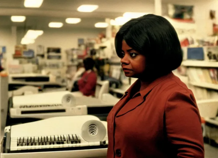 Image similar to cinematic shot of octavia spencer in an small used electronics store next to an old electronic keyboard, iconic scene from the paranoid thriller sci fi film directed by stanley kubrick, anamorphic cinematography, beautiful composition, color theory, leading lines, photorealistic, moody volumetric lighting