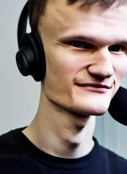 Image similar to vitalik buterin in headphones. vitalik buterin, medium shot, perfect symmetric face, coherent eyes, cute happy face, fine details., very sharp, 4 k, pixar, hans zatska