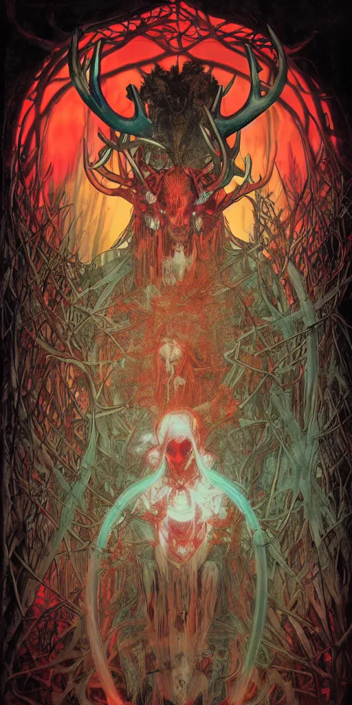 Prompt: intense glowing black metal pagan god with antlers and blood and intense glowing eyes with a bull skull in very dark forest by marco mazzoni and alphonse mucha, portrait, fantasy, clear, red and teal and yellow, light beams, lens flare, intense, uhd, amazing depth, cinematic lighting