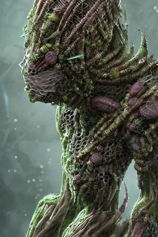 Image similar to skin concept costume, in full growth, biopunk, plant predator, predator, trypophobia, plants and worms, many details, crystals, guyver style, 3 d, cinematic, hyper realism, high detail, octane render, art by hans giger