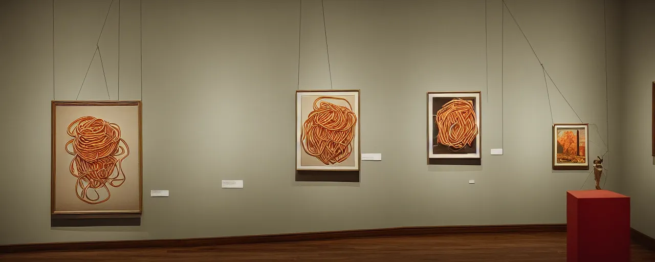 Prompt: a spaghetti painting hanging in an art museum, canon 5 0 mm, kodachrome, retro, n the style of wes anderson