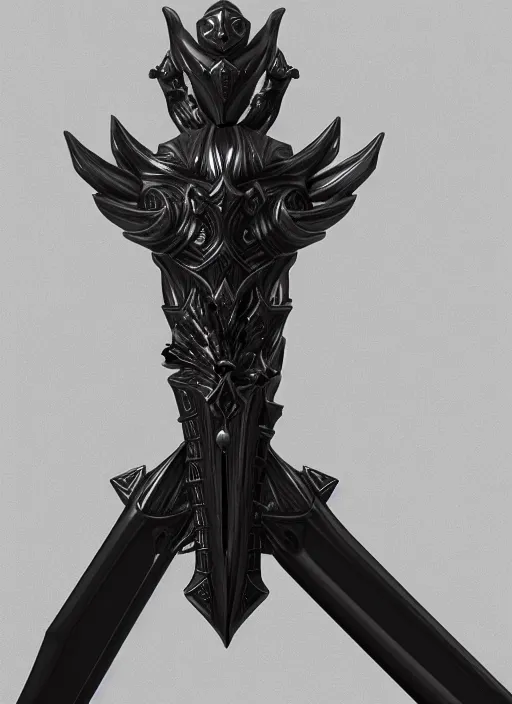 Prompt: a black long sword skull crest, orthographic, ornament, weapon, a 3 d render by dom qwek, front side full, trending on polycount, artstation, hard surface modeling, rendered in maya, 3 ds max, blender, hd, vray, berserk first person view, symmetry