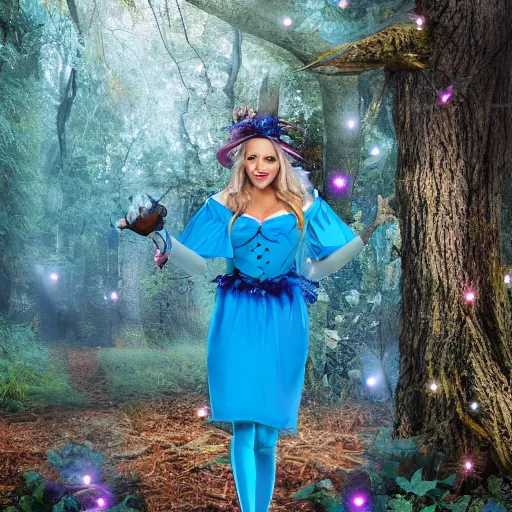 Image similar to blue'snappy gifts costume'in magical forest, gifts, dark atmosphere, high detail, soft lighting, 8 k