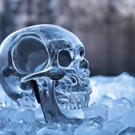 Image similar to a robotic skull encased in frozen ice cube