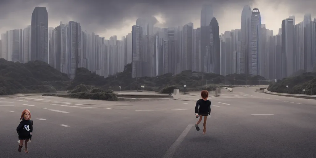 Image similar to a young girl in a sweatshirt running away from a faceless man in a tuxedo in the middle of an empty highway in hong kong with an abandoned hong kong in the background, very detailed 8 k, dystopian fantasy style, unreal engine render, global illumination, ray tracing, rtx, path tracing, enhanced