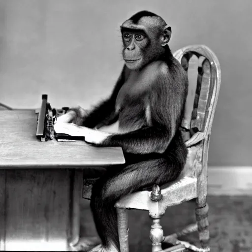 Prompt: an old school black and white photo of a monkey sitting in a chair typing on a typewriter inside very detailed
