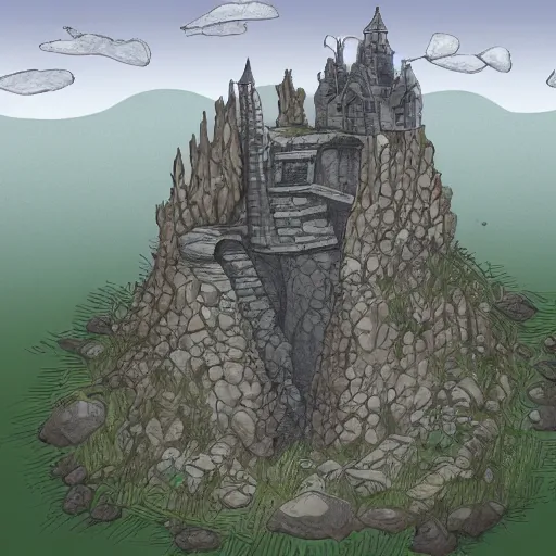 Prompt: Aerial view of a wizard tower next to a few mines and a few caves, lineart, colored