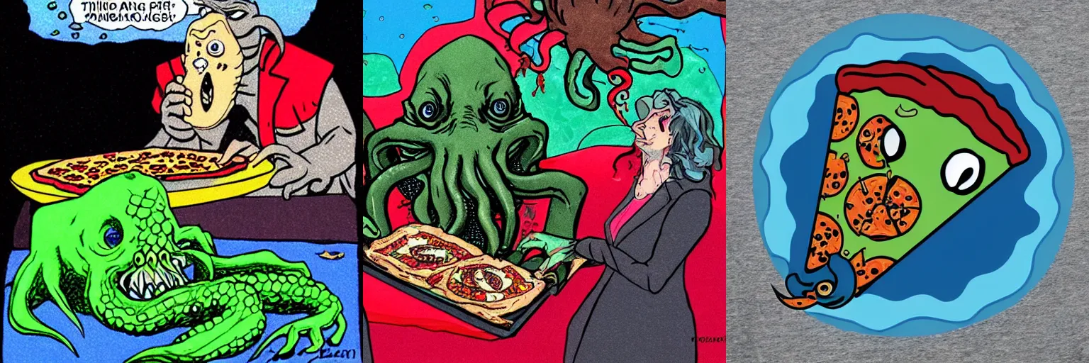 Prompt: cthulhu eating pizza in an aquarium