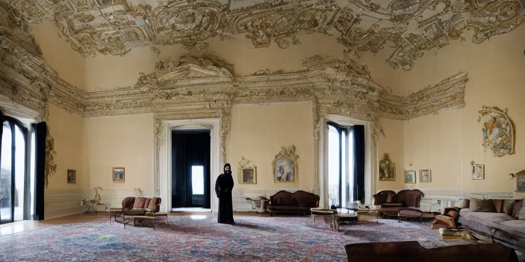 Image similar to Batman standing in giant Italian modern castle living room, clean minimalist design, that is 1300 feet tall, with very tall giant walls filled with modern art paintings, doors that are cosmic portals, photo by Annie Leibovitz