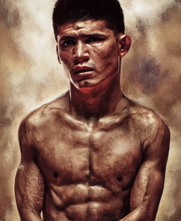 Image similar to heroic portrait of a handsome young mexican ufc fighter, art by denys tsiperko and bogdan rezunenko, hyperrealism