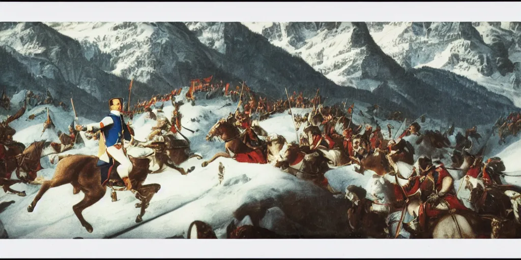 Image similar to Napoleon Crossing the Alps, Jacques-Louis David, instax, polaroid picture, found footage