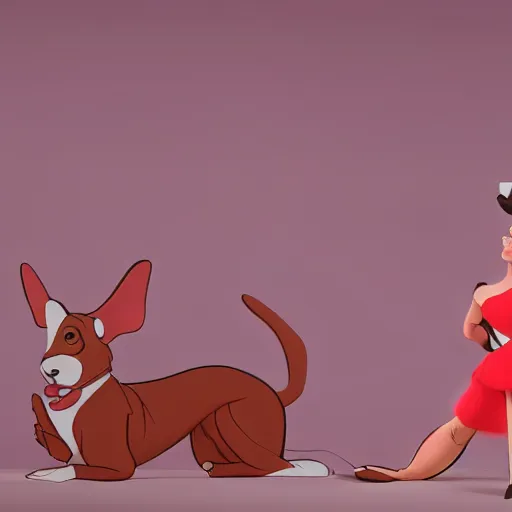 Prompt: still of woman working on her dog's clothing line, in the style of disney, comic book style, the dog is doing a ballet dance, highly detailed, 8k resolution, octane renderer