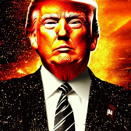 Image similar to donald trump portrait made out of galaxies, beautiful, cyborg, cinematic comic book art, realistic, highly detailed, octane render