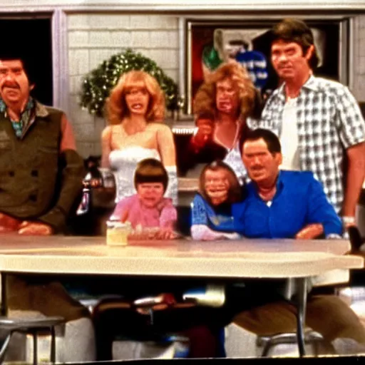 Image similar to screenshot of the crying family with the mallard in Al's diner from 70s comedy TV show unhappy days