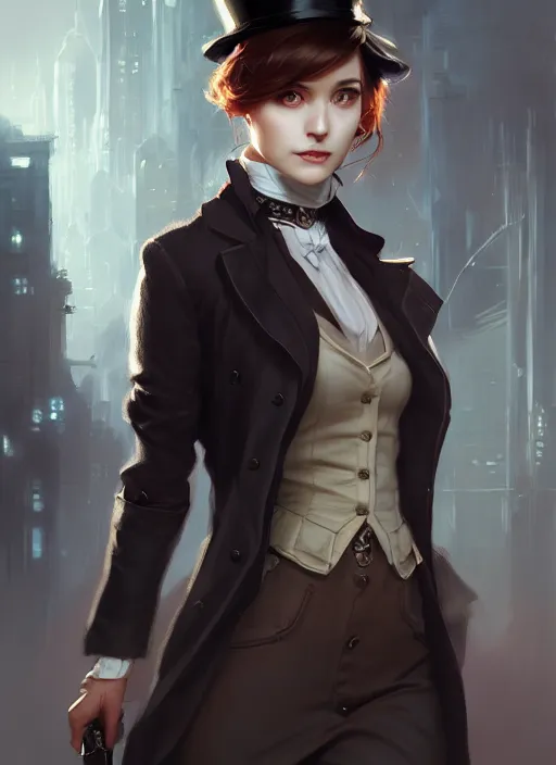 Image similar to character concept art of a female victorian detective, key visual, realistic shaded perfect face, fine details, dystopian environment and background, by stanley artgerm lau, wlop, rossdraws, james jean, andrei riabovitchev, marc simonetti, and sakimichan, trending on artstation