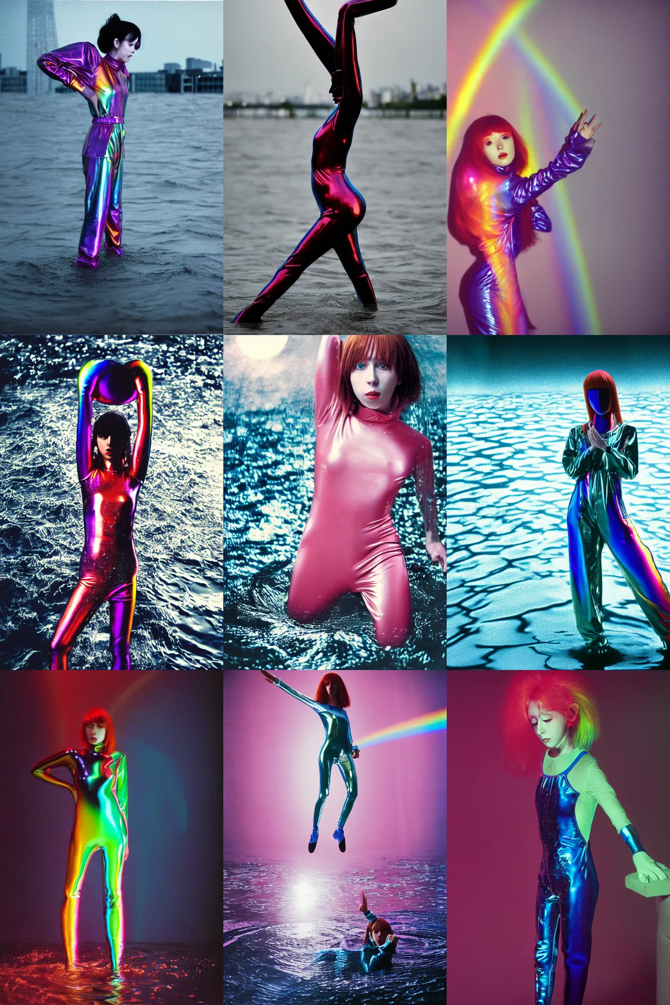 Prompt: Beautiful Holly Herndon style seinen manga Sergey Piskunov style Fashion photography portrait tokyo(1980) movie still from space opera dance scene of mannequin, wearing refracting rainbow diffusion wet plastic Balenciaga designed specular highlights anti-g jump suit, half submerged in heavy nighttime floods, water to waist, , épaule devant pose;pursed lips; pixie hair,eye contact by Zaha Hadid, ultra realistic, Panavision Panaflex X , Technicolor, 8K, 35mm lens, three point perspective, tils shift mirror kaleidoscope Quercus background, chiaroscuro, highly detailed, by moma, by Nabbteeri