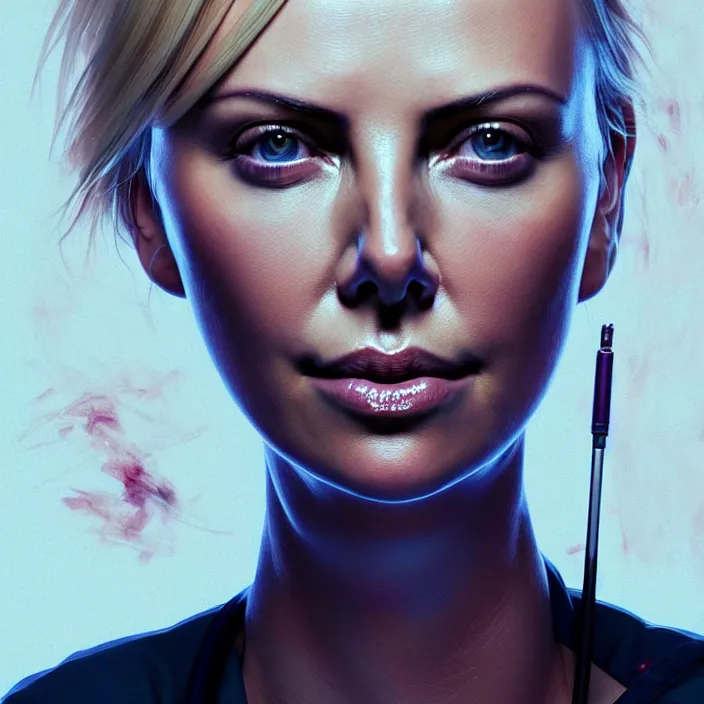 Image similar to portrait of charlize theron as a nurse. intricate abstract. intricate artwork. by tooth wu, wlop, beeple, dan mumford. octane render, trending on artstation, greg rutkowski very coherent symmetrical artwork. cinematic, hyper realism, high detail, octane render, 8 k, iridescent accents