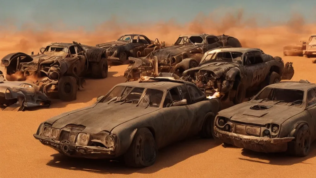 Image similar to mad max cars in a pixar movie