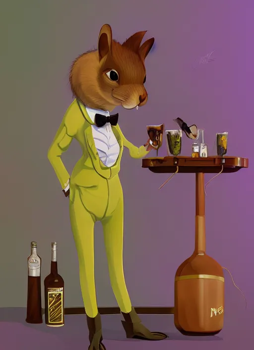 Image similar to squirrel anthro as a dapper bartender with a big, fluffy tail, retro futurism, art deco, detailed, painterly digital art by WLOP and Cory Loftis, 🍸🍋, furaffinity, trending on artstation