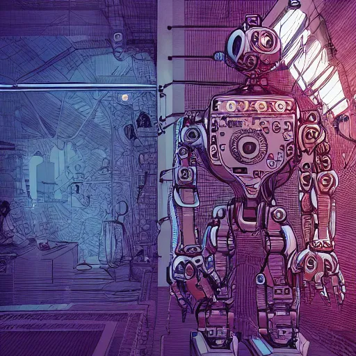 Image similar to a robot with a beautiful mind, an ultrafine detailed illustration by james jean, final fantasy, intricate linework, bright colors, behance contest winner, vanitas, angular, altermodern, unreal engine 5 highly rendered, global illumination, radiant light, detailed and intricate environment